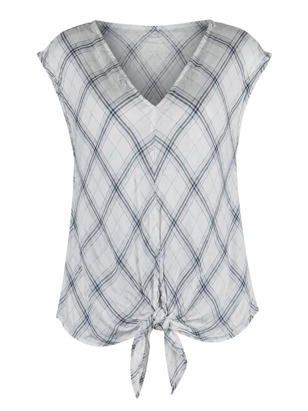 Max Studio Sleeveless Plaid Tie Hem Top V Neck White Blue Size S